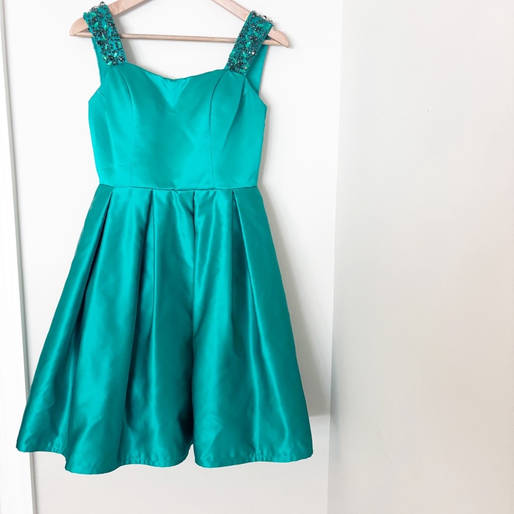 Sherri Hill Teal Beaded Strap Fit-and-Flare Mini Dress